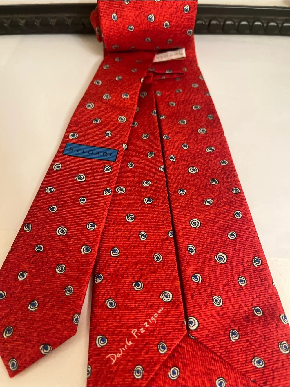 BVLGARI Red Silk Tie with Blue and Ivory Dot Motif - Made in Italy - 3.75” Width